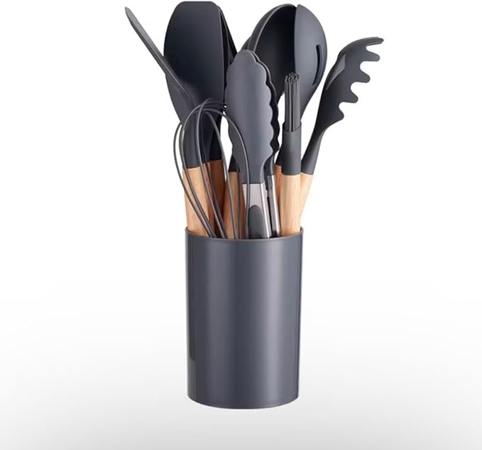 Silicone Kitchen Utensil Set with Wooden Handles – 12 Pieces + Holder, Heat Resistant, Non-Stick Cooking Tools (Multiple Colors (gray)