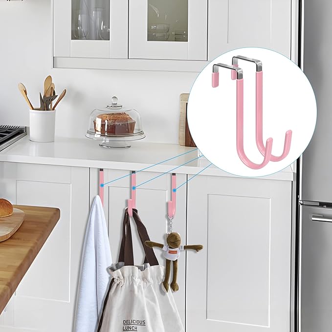 FYY Over The Door Hooks, 4 Pack Door Hangers Hooks with Rubber Prevent Scratches Heavy Duty Organizer Hooks for Living Room, Bathroom, Bedroom Hanging Clothes, Towels, Hats, Coats, Bags Pink