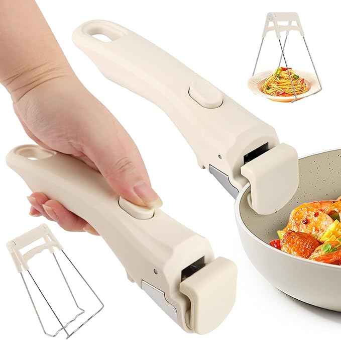Removable Pot Handle with Anti-Hot Bowl Dish Clip, Universal Detachable Pan Handles Replacement fits Most Vertical Edge Cookware, Avoid Scalding Kitchenware Set (COLOR:Cream White)