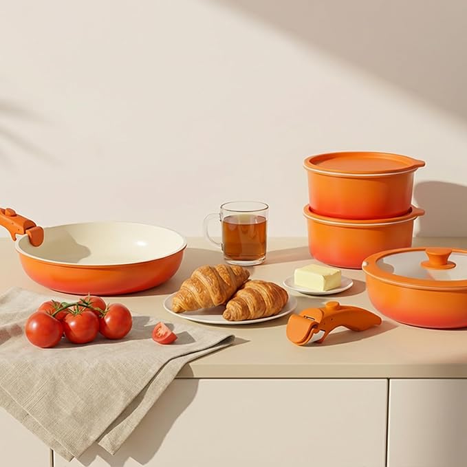 GIPP 11pcs Pots and Pans Set Non Stick, Nonstick Cookware Set Detachable Handle, Ceramic Pots for Cooking Non Stick with Removable Handle, RV Cookware Set for All Stoves, Orange Gradient