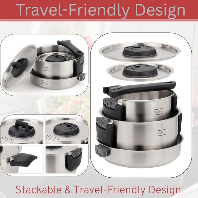 Stainless Steel Camping Kitchen Cookware Set - Frying Pan With Detachable Handle - Nesting Pots for Backpacking, Camp, and RV Cooking - 6 Piece Mess Kit - 1.5L Frypan, 1.5L Small Pot & 3.5L Medium Pot