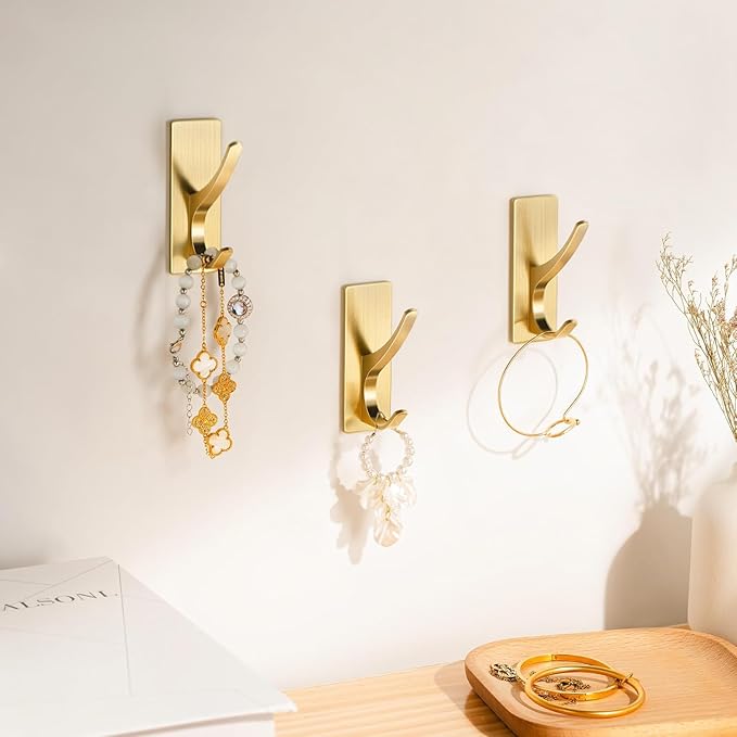 10 Pack Brushed Gold Self Adhesive Coat Hooks for Hanging: 13LB Extra Strong Stainless Double Wall Hook for Towel, Backpack, Hat, Sturdy Metal Hanger for Bathroom, Bedroom, Door, Wall Mounted