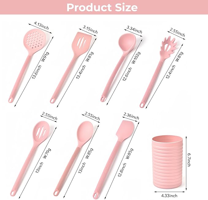 Silicone Kitchen Utensil Set,8 Pieces Cooking Kitchen Utensils Set, Spatula, Spoon, Non Stick Silicone Gadgets Utensil Set with Holder,Heat Resistant Cooking Tools Set for Cooking, BPA Free (Pink)