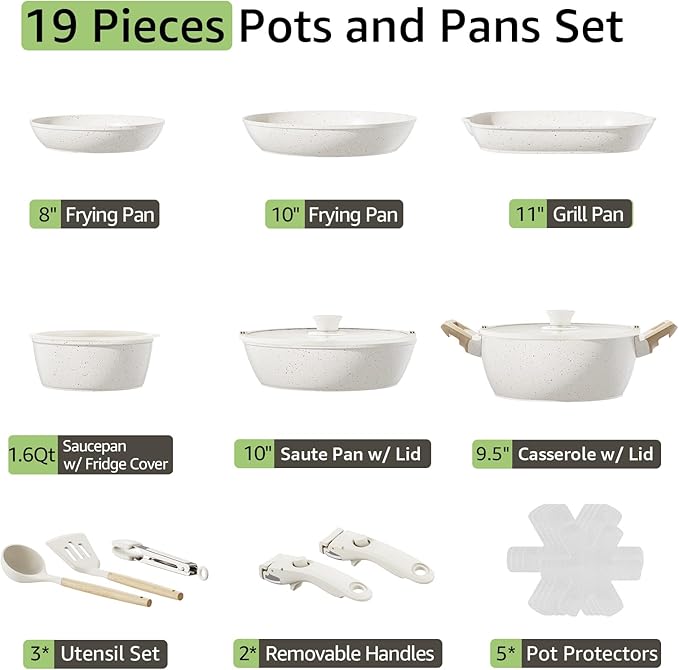 19-Piece Pots and Pans Set Non Stick, Ceramic Cookware Set with Removable Handles, PFAS-Free,Induction Compatible Dishwasher Safe,Stackable Space-Saving for Apartment or RVs