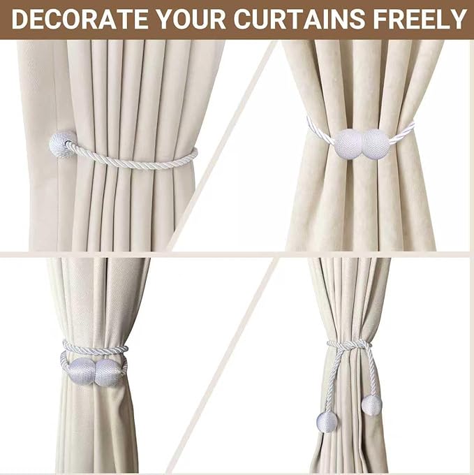 Hion Magnetic Curtain Tiebacks White 2pcs, Curtain Tiebacks Buckles Holdbacks Holders Hooks Clip for Home Bedroom Office Decorative Curtain