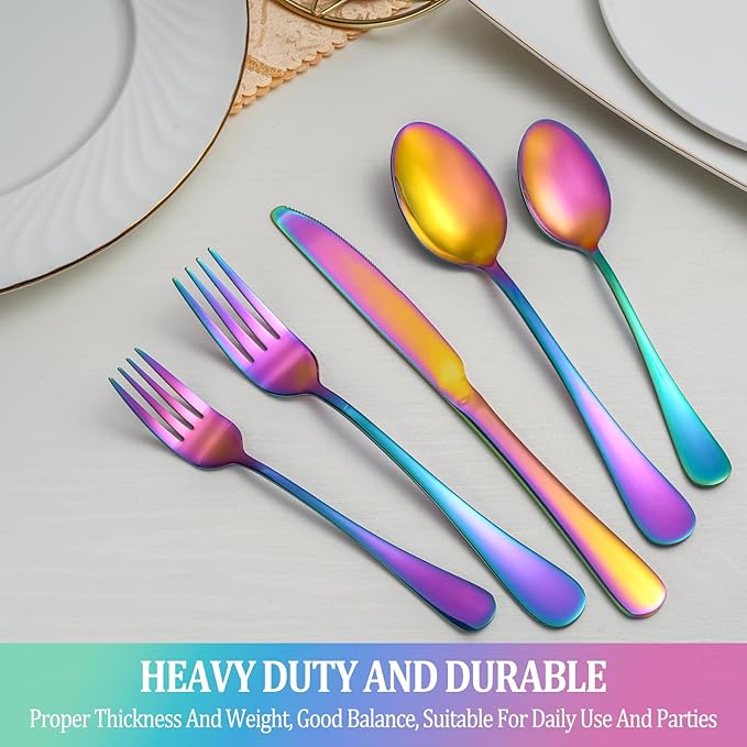 60 Pcs Rainbow Silverware Set Service for 12,Stainless Steel Flatware Serving Sets,Kitchen Tableware Set,Utensil Set for Home and Restaurant,Knives Forks Spoons Set,Mirror Polished,Dishwasher Safe
