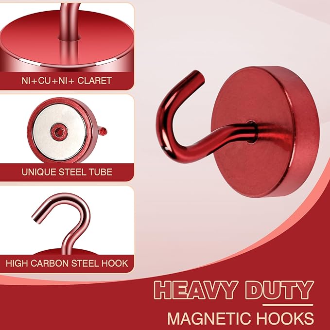 Neosmuk Magnetic Hooks, Cruise Ship Essentials, 80lb+ Heavy Duty Magnetic Hooks for Cruise Cabins, Refrigerator, Grill, Hanging, and Travel | Extra Strong Must-Haves Magnet Hook,Red