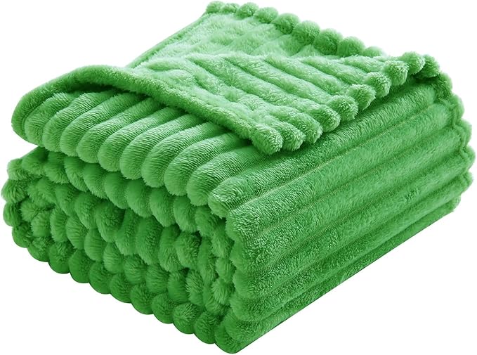 Bright Green Fleece Throw Blanket 50”×60” for Couch Sofa Bed,Super Soft Cozy Plush Microfiber Flannel Blanket with Stripes Design Lightweight for Adults,Woman,Girls