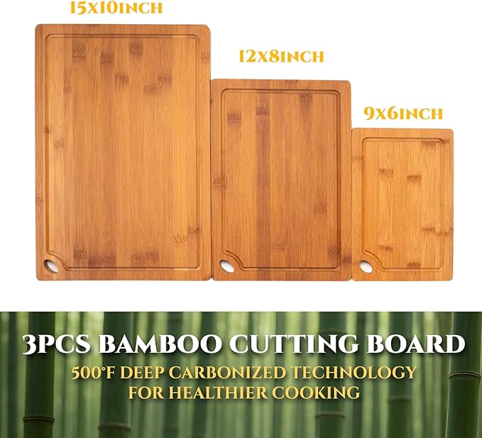 Bamboo Cutting Board 3-Piece Set with Juice Grooves – Non-Slip Wooden Chopping Boards for Kitchen & Housewarming Gfit, Multi-Size Serving Tray for Meat, Vegetables, Fruits