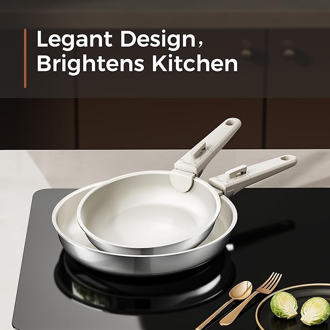 5pcs Nonstick Cookware Set, Diamond-Titanium Ceramic Coating & 3 Layer Stainless Steel Pots and Pans Set with Detachable Handle, Dishwasher Safe, Induction Compatible, Oven Safe, White