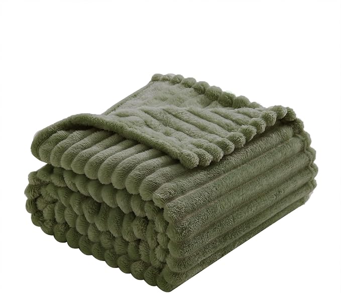 Olive Green Fleece Throw Blanket 108”×90” for Couch Sofa Bed,Super Soft Cozy Plush Microfiber Flannel Blanket with Stripes Design Lightweight for Adults,Woman,Girls
