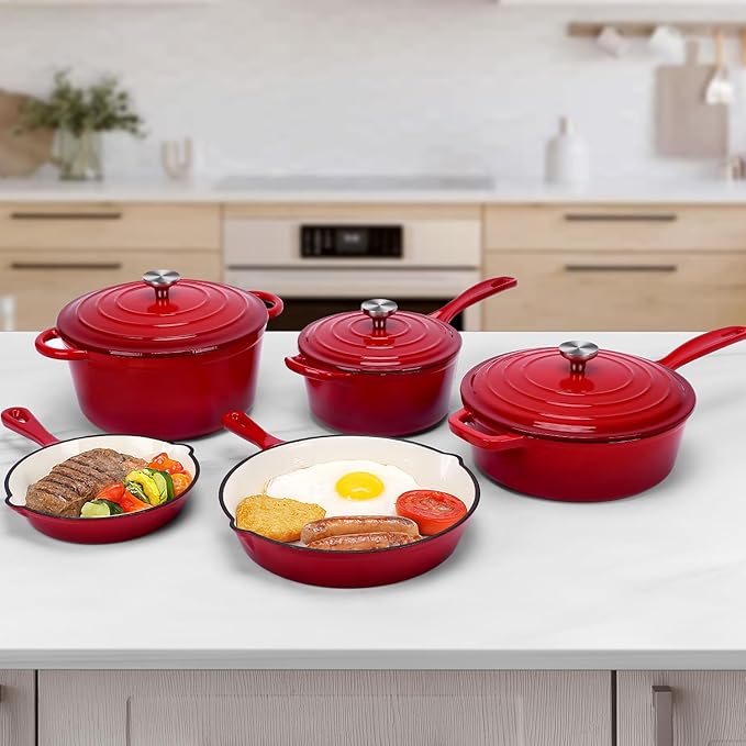 QuliMetal Nonstick Enameled Cast Iron Cookware Set, 5 Pcs Pots and Pans with Lid, Skillet, Frying Pan, Saucepan & Dutch Oven for All Stovetops, PFA Free - Ideal for Sourdough Bread Baking