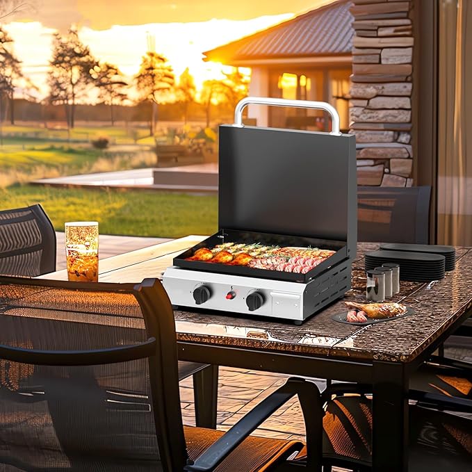 Bonnlo 2 Burner Portable Propane Griddle with Lid, 20000BTU Tabletop Flat Gas Grill with Ignition and Oil Collector, Camping Griddle for Outdoor Cooking Patio Backyard Sandbeach BBQ Party