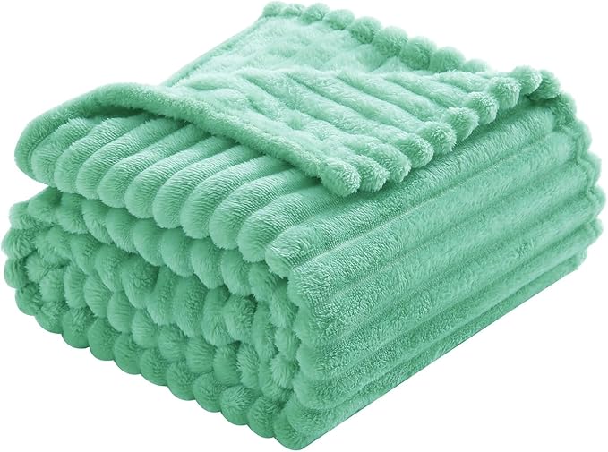 Mint Green Fleece Throw Blanket 50”×60” for Couch Sofa Bed,Super Soft Cozy Plush Microfiber Flannel Blanket with Stripes Design Lightweight for Adults,Woman,Girls