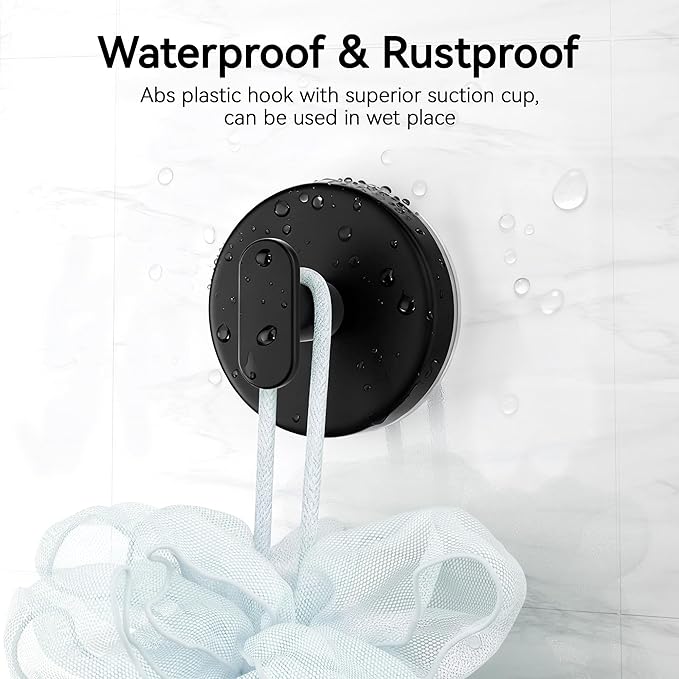 Suction Cup Hooks for Shower, Removable Towel Hooks for Bathroom, Kitchen, Glass Door, Mirror, Tile – Loofah, Towel, Coat, Bath Robe Hook for Hanging, Black 6 Pack