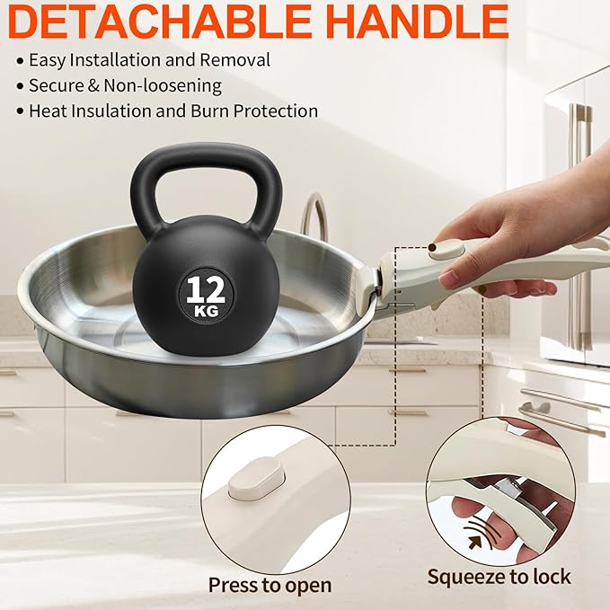 Stainless Steel Pan With Detachable Handle - 11''/9.5''/8'' 304 Stainless Steel Pots and Pans set, Induction Compatible, Dishwasher Safe, Fast & Even Heating, Thickened & Long-Lasting