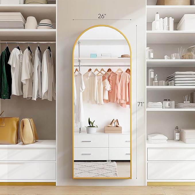 DUMOS Arched Full Length Mirror with Stand 71"x26" Floor Standing Aluminum Frame for Bedroom Body Hanging Leaning Modern Simple Home Decor Shatter-proorf Nano Glass Wall Living Room Cloakroom Gold