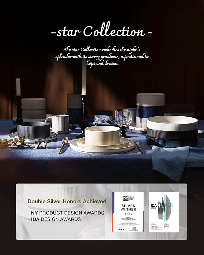 Famiware Star 24-Piece Stoneware Dinnerware Sets, Service for 6 - Shallow Pasta Bowls & Flat Plates, Modern Rustic Reactive Glaze Dishes, Chip/Scratch Resistant, Microwave/Dishwasher Safe, Deep Forest