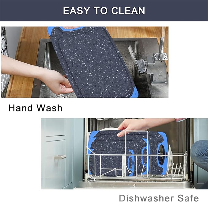 Viretang Non Slip Cutting Board, 3 Pieces Dishwasher Safe Cutting Boards with Juice Grooves, Easy Grip Handle, Non-Slip, with Grinding Area for Grinding Garlic and Ginger(blue)