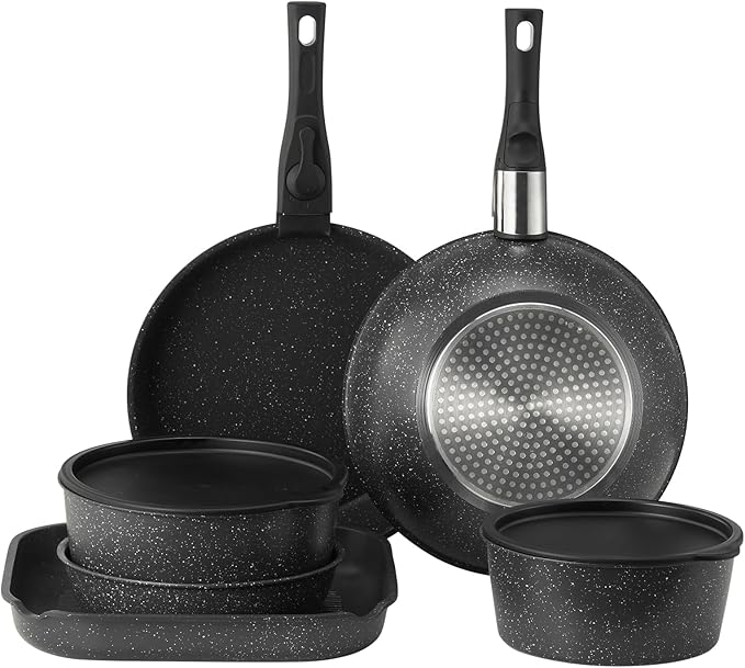VEVOR 17 Piece Pots and Pans Set, Granite Nonstick Detachable Handle Cookware, Space Saving Induction Cookwares, Kitchen RV Cooking Sets with Frying, Sauce, Saute, Tempered Glass Lid, Oven Safe, Black