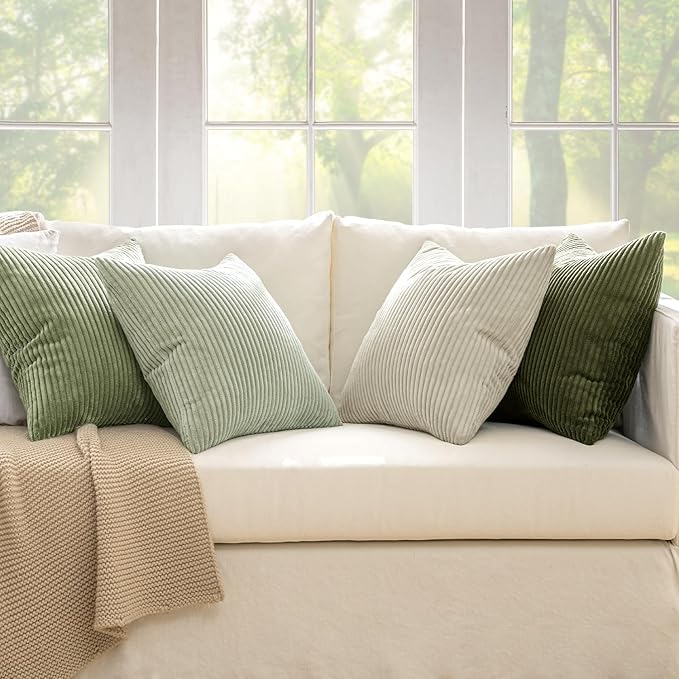 MIULEE Decorative Throw Pillow Covers Set of 4 Summer Light Green Gradient Natural Earthy Modern Classic Soft Corduroy Cushion Covers for Sofa Couch Bed Living Room Spring Home Decor 18x18 Inch