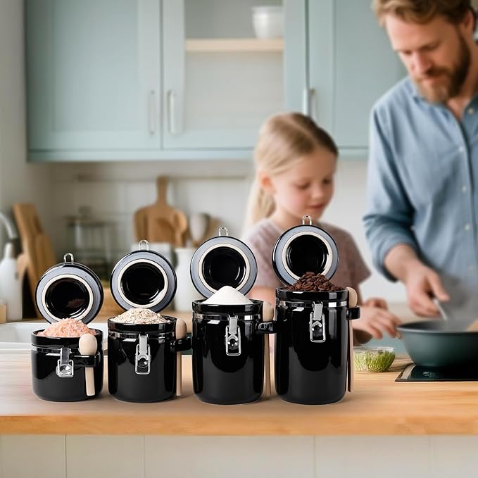 4-Piece Airtight Ceramic Canisters Set with Wooden Spoons & Chalk Labels – Perfect for Coffee, Sugar, Flour, Tea (Black) – Stylish & Leakproof Kitchen Storage