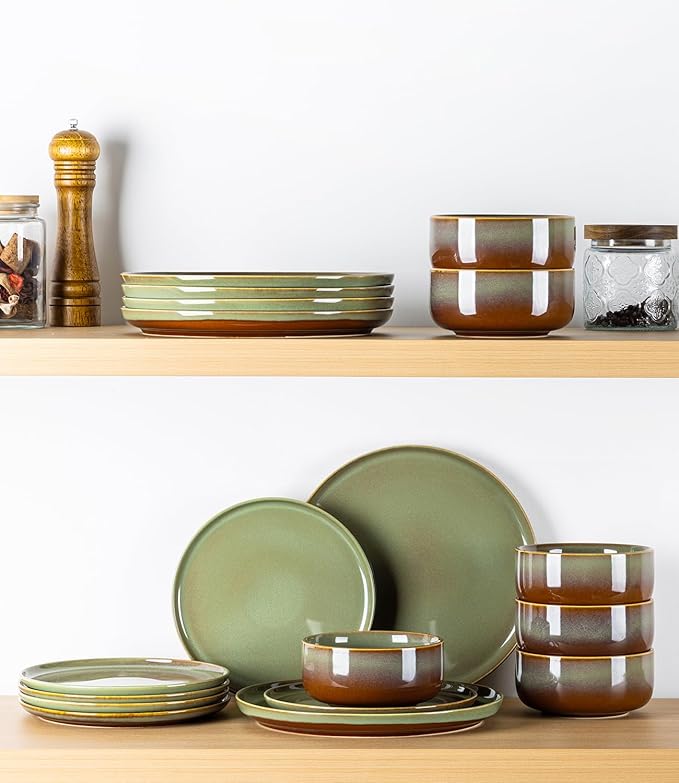 TheTerra Ceramic Dinnerware Sets for 8, 24 Pieces Handmade Reactive Glaze Plates and Bowls Set, Scratch Resistant Dish Set, Oven & Microwave & Dishwasher Safe, Sage Umber