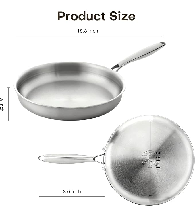 10 Inch Tri-Ply Stainless Steel Frying Pan, Healthy Stainless Steel Cookware, Skillet on Induction, Ceramic and Gas Cooktops, PFOA Free Cooking Pan, Dishwasher Safe, Stay-Cool Handle