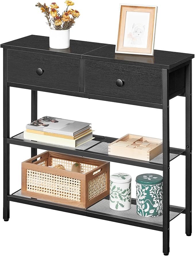 HOOBRO 29.5" Narrow Console Table with 2 Fabric Drawers, Sofa Table, Small Entryway Table with 3-Tier Storage Shelves, Behind Couch Table, for Living Room, Hallway, Black BB72XG01