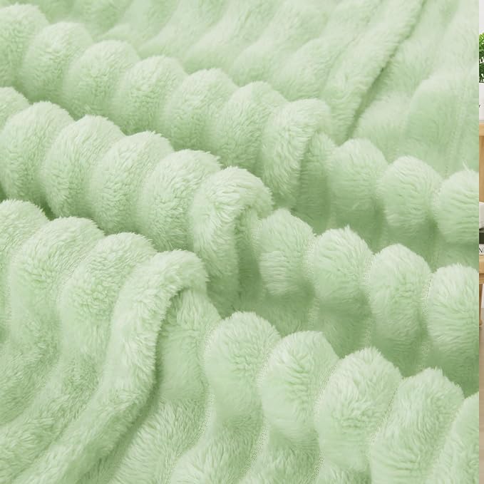 Cream Green Fleece Throw Blanket 50”×60” for Couch Sofa Bed,Super Soft Cozy Plush Microfiber Flannel Blanket with Stripes Design Lightweight for Adults,Woman,Girls