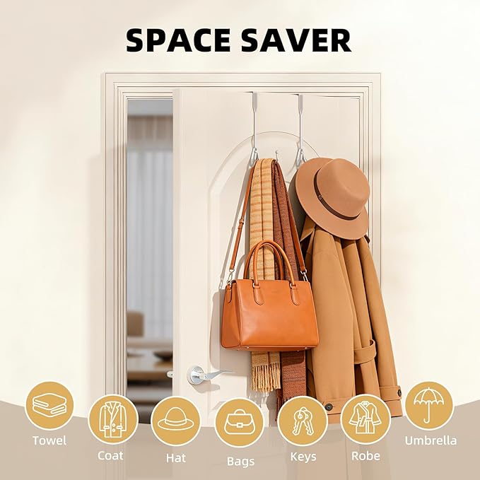 BAKON 2 Pack Over The Door Hooks, Door Hooks for Hanging Coats, Hats, Robes, Towels, Heavy Duty Door Hanger, Metal Over Door Hooks Organizer for Dorm, Bathroom, Bedroom, Kitchen, Cabinetry (Silver)