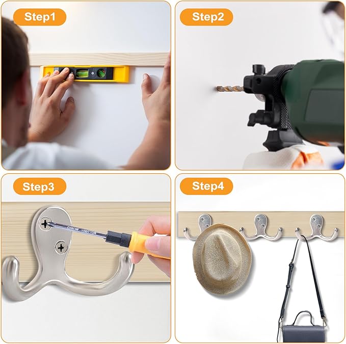 25 Pack Coat Hooks Wall Hooks for Hanging, Heavy Duty Double Prong Metal Hook Wall Mounted for Living Room, Bathroom, Kitchen, Bedroom for Coat, Bag, Scarf, Towel, Hat, Key, Cup (Silver)