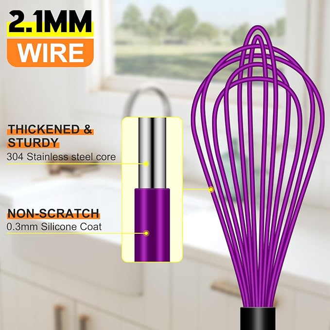 HOTEC 4 Pieces Silicone Whisks for Cooking, Wire Balloon Whisks Egg Beater, Non-Slip Handle Whisk for Non-Stick Cookware Perfect for Stirring, Beating and Blending, Stainless Steel, Purple