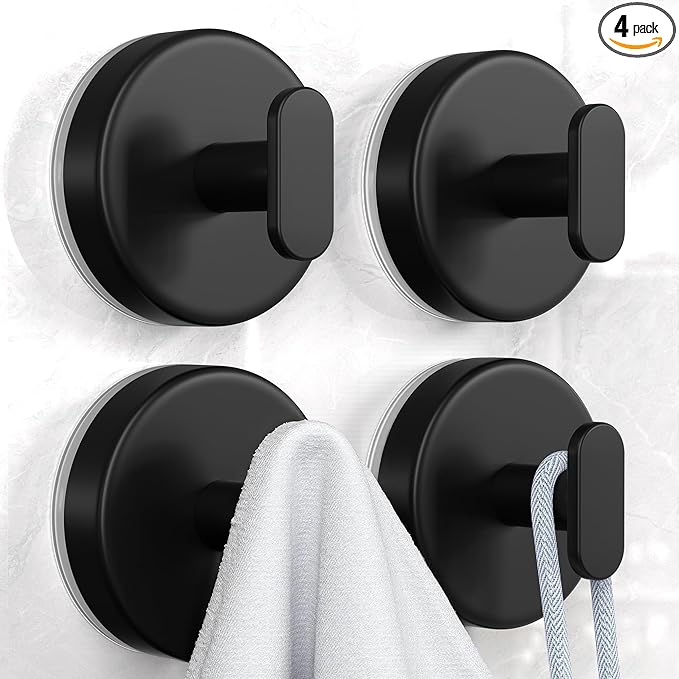 Suction Cup Hooks for Shower, Removable Towel Hooks for Bathroom, Kitchen, Glass Door, Mirror, Tile – Loofah, Towel, Coat, Bath Robe Hook for Hanging, Black 4 Pack