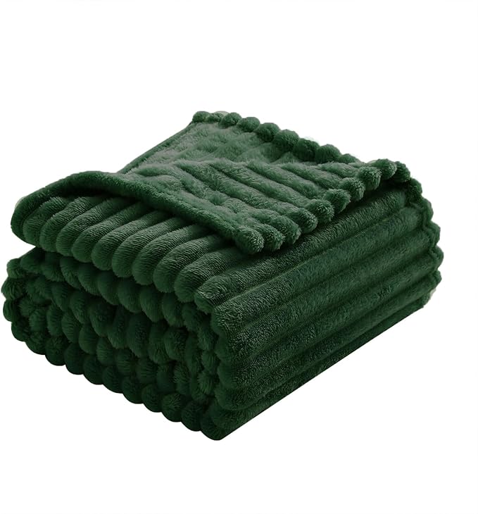 Green Fleece Throw Blanket 90”×90” for Couch Sofa Bed,Super Soft Cozy Plush Microfiber Flannel Blanket with Stripes Design Lightweight for Adults,Woman,Girls