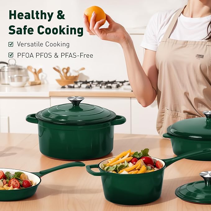 DishDelight Enameled Cast Iron Pots and Pans Set, 7 Piece Dutch Oven Set with Lids, Enamel Coated Non Toxic Cookware, PFOA&PFAS Free, Emerald