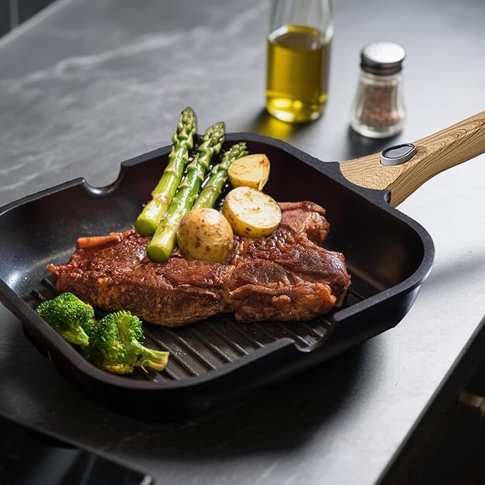 Nonstick Square Grill Pan for Stove Tops, Detachable Handle Griddle Pan,9.5inch Remove Handle Grill Pan with Pour for Cooking,Induction,Gas,Non Toxic,PFOA Free(Granite, Square-9.5inch)