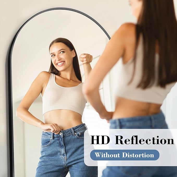 DUMOS Arched Full Length Mirror with Stand Floor Free Standing Aluminum Frame for Bedroom Body Hanging Leaning Modern Simple Home Decor Shatter-proorf Nano Glass Wall Black 65"x24"