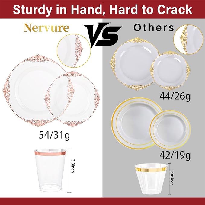 Nervure 350PCS Rose Gold Plastic Plates - Rose Gold Plastic Dinnerware Sets for 50 Guests - 100 Disposable Plates, 150 Silverware, 50 Cups, 50 Napkins Perfect for Wedding & Party & Mothers Day