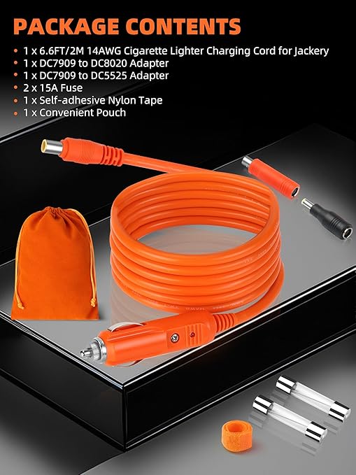 14AWG Car Charging Cable for Jackery Portable Power Station Explorer 3000 2000 1500 1000 880 550 500 300 290 240 160,6.6FT/2M Jackery Power Cord with 2 Adapters (7909 to 8020/5525)