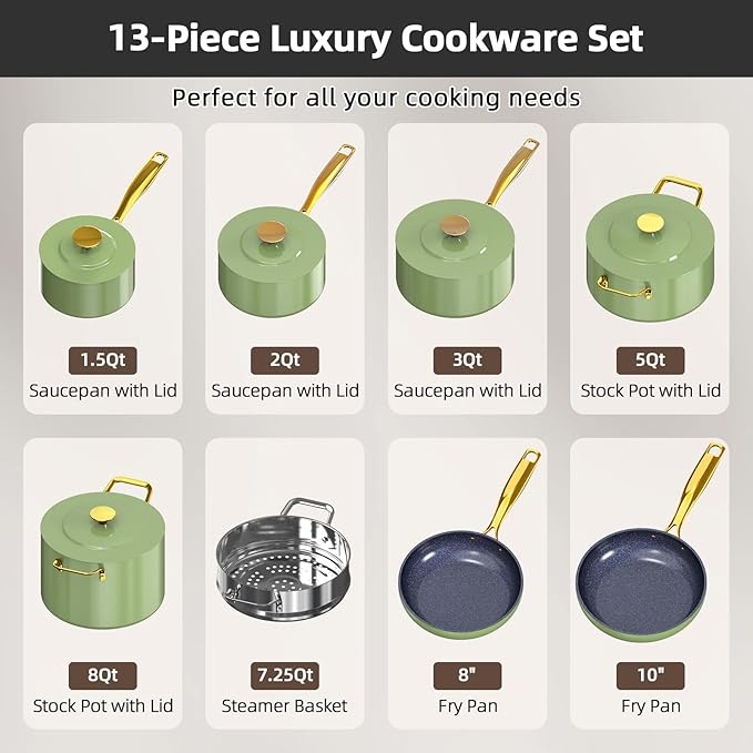 Nuwave Lux LE 13-Pc Cookware Set with Elegant Gold Handle, Diamond Infused Ceramic Non-Stick, PFAS Free, Premium Metal Lids, Ergonomic Stay-Cool Handles, Induction Ready & Compatible w/All Cooktops