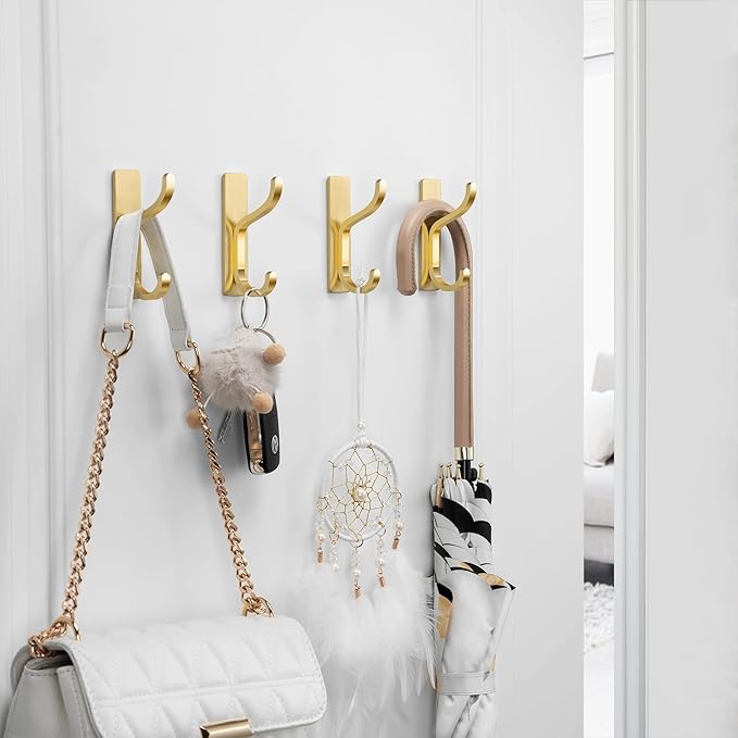 niffgaff Wall Hooks for Coat and Towel: 13lb Adhesive Door Hanger Stick On, Sticky Hook for Wall, Closet, Bathroom - Stainless Steel, Brushed Gold, 6 Pack