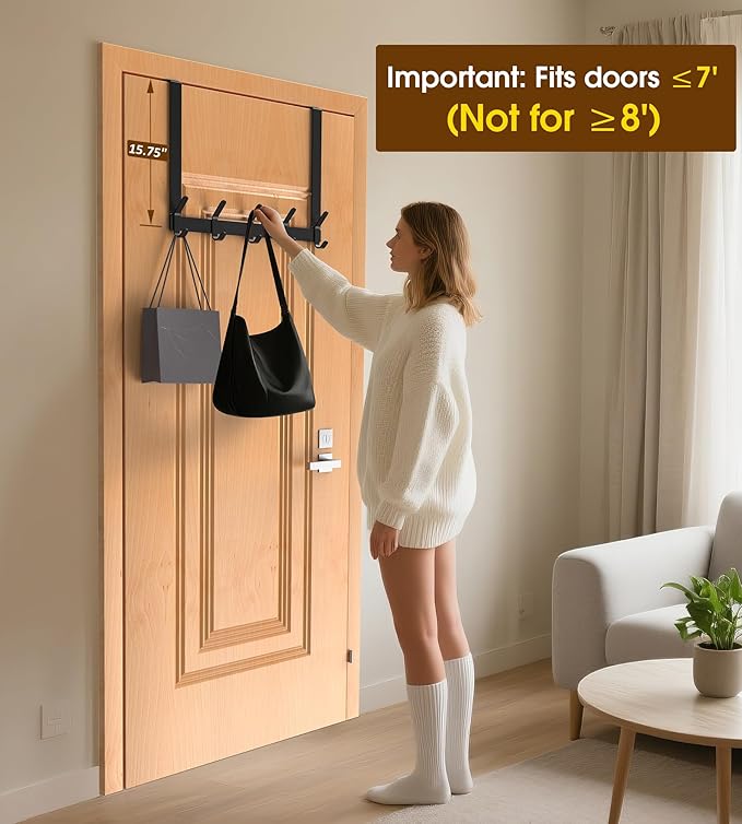 Long Over The Door Hooks Hanger with 15.75" Arms for Easier Access by Shorter, J16U, Perfectly Fits US Standard 1 3/4-inch Doors, Towel Rack Bathroom Organizer Holder, Rustproof, Black