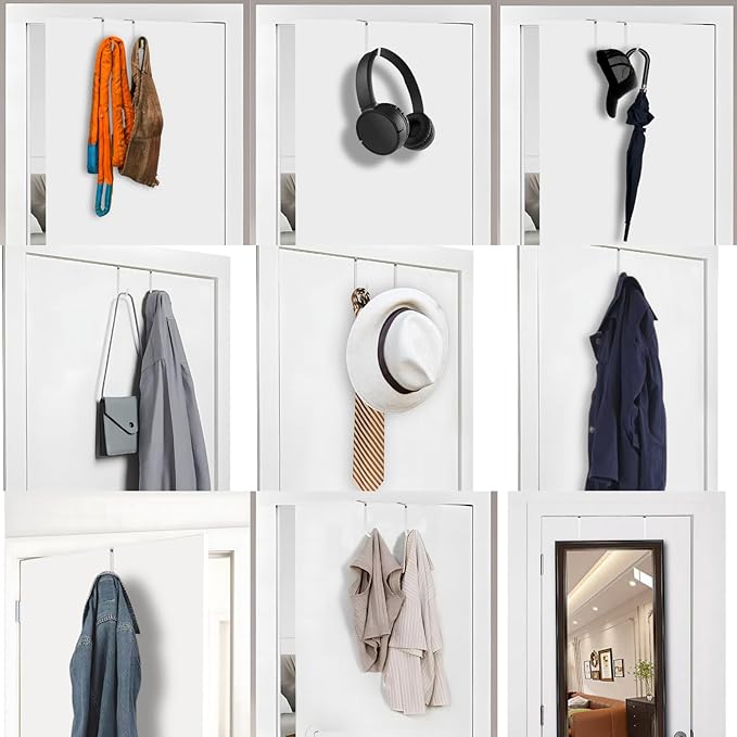 Over The Door Hooks, 4 Pack Steel Door Hangers Hook w/Rubber Coating, Fit 0.7''-1.4'' Door Width, Organizer for Living Room, Bedroom, Bathroom, Kitchen Hanging Clothes, Towels, Hat, Bag