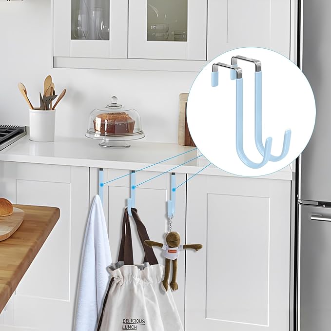 FYY Over The Door Hooks, 4 Pack Door Hangers Hooks with Rubber Prevent Scratches Heavy Duty Organizer Hooks for Living Room, Bathroom, Bedroom, Kitchen Hanging Clothes Towels Hats Coats Bags Cyan