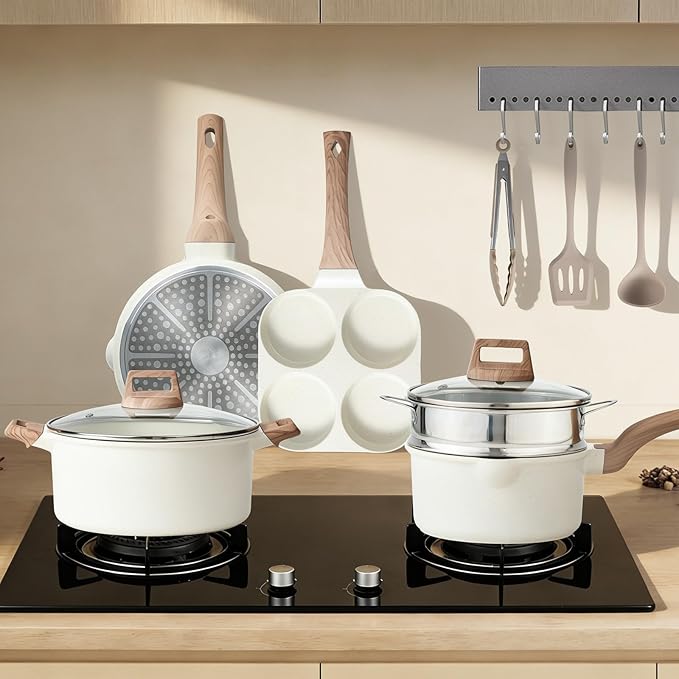 NEWBULIG 25-Piece Nonstick Cookware Set, Granite Pots and Pans with Lids, Induction Compatible Nonstick Cooking Set with Frying Pans & Saucepans, Cream White