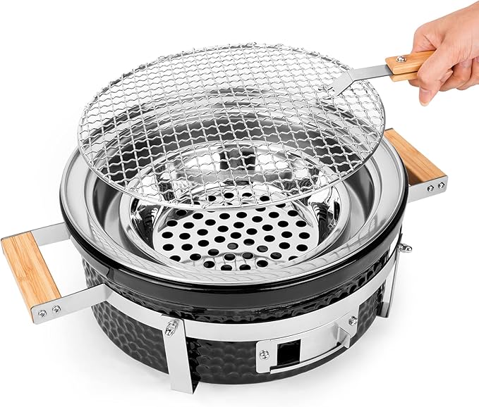 Ceramic Hibachi Charcoal Grill with Grid Lifter, 14" Portable BBQ Yakitori Grill with Stainless Steel Grate for Outdoor Patio Backyard Barbecue Cooking, GS305