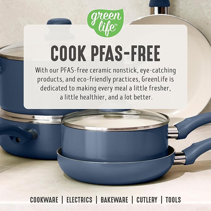 GreenLife 16-Piece Nonstick Cookware Set, Non-Toxic Ceramic Pots and Pans Set, Durable Healthy Kitchen Essentials, Fast Heating, Induction Ready, Easy Clean Dishwasher Safe, PFAS-Free, Slate Blue