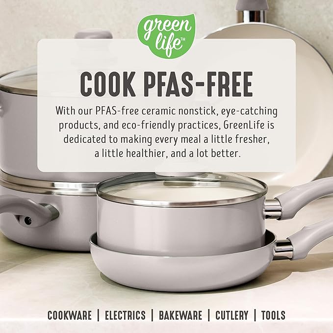 GreenLife 16-Piece Nonstick Cookware Set, Non-Toxic Ceramic Pots and Pans Set, Durable Healthy Kitchen Essentials, Fast Heating, Induction Ready, Easy Clean Dishwasher Safe, PFAS-Free, Light Gray