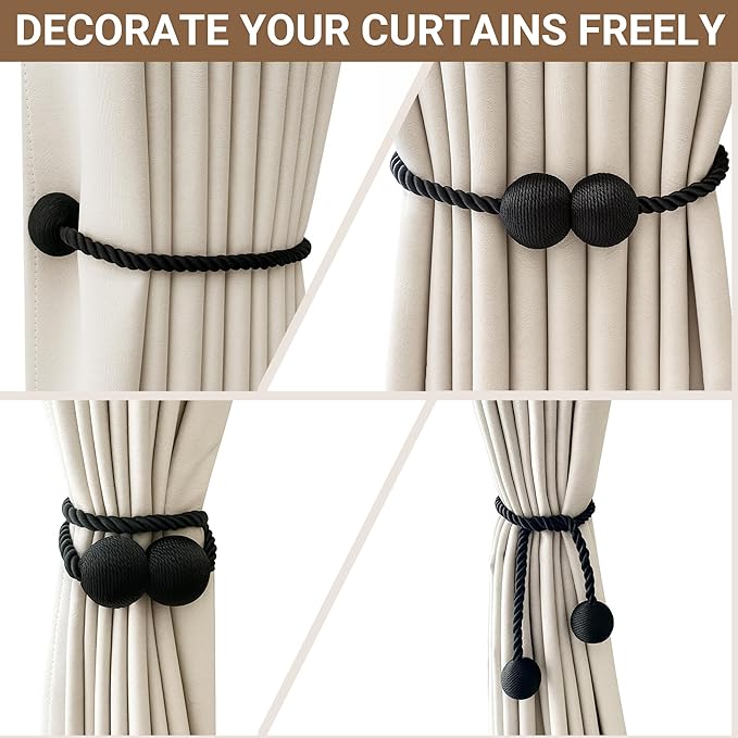 Hion Magnetic Curtain Tiebacks Black 2pcs, Curtain Tiebacks Buckles Holdbacks Holders Hooks Clip for Home Outdoor Bedroom Office Decorative Curtain